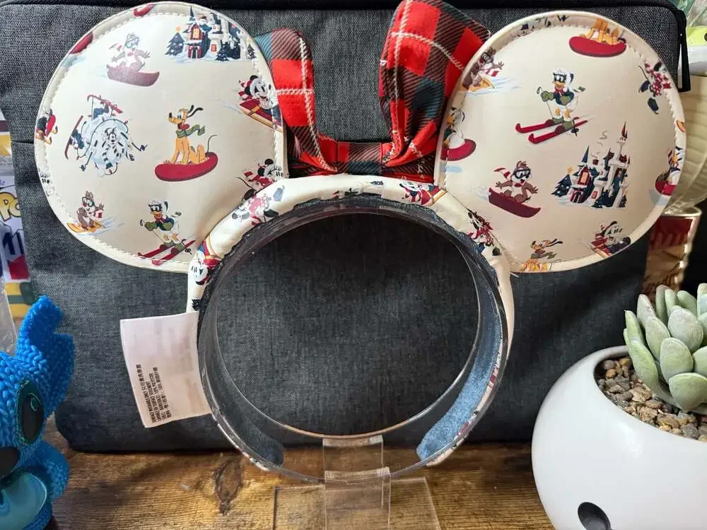 EUC Disney Parks Holiday Lodge Mickey and Friends Ears with Red Plaid Bow